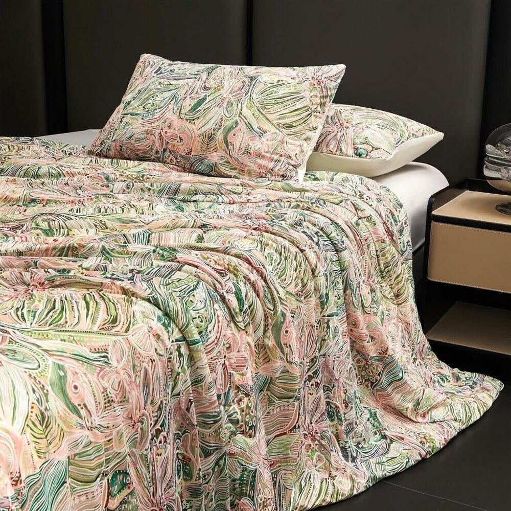 3PC Cooling NYLON Comforter Bedding Set KING Neon Tropical Floral Bright Beach